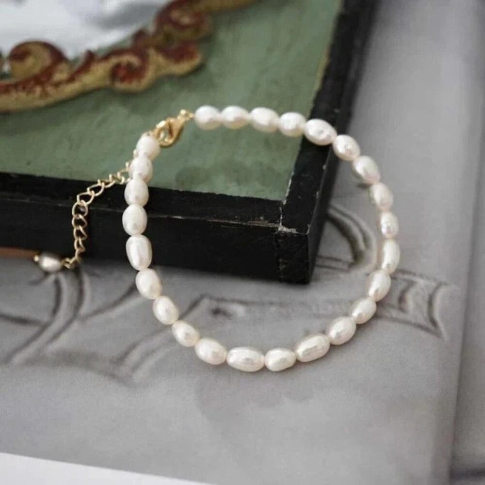 18K Gold Plated Freshwater Pearl Bracelet - Dainty Wedding Jewelry for Women